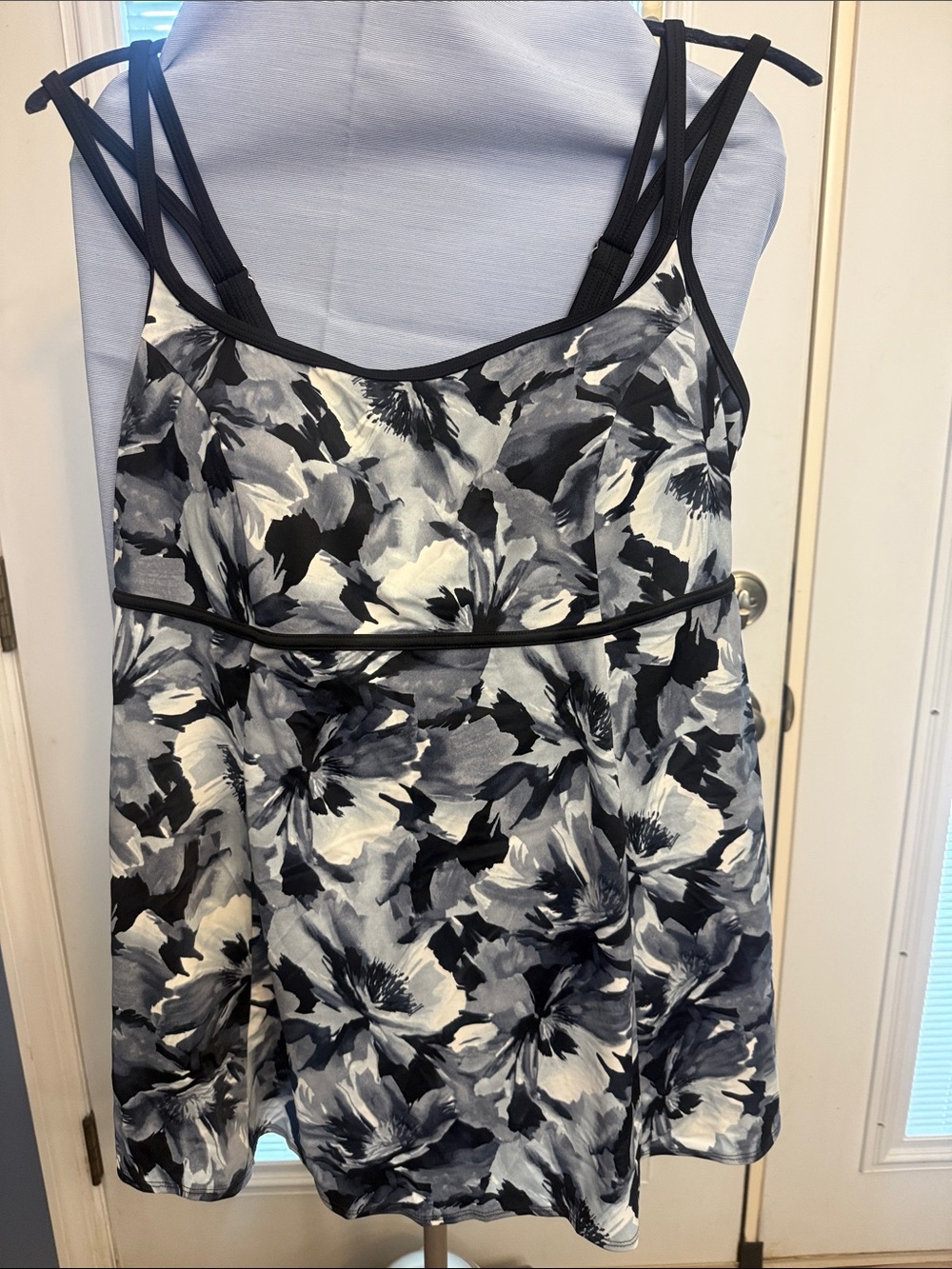 Black & White Floral One-Piece Swimdress with Adjustable Straps
